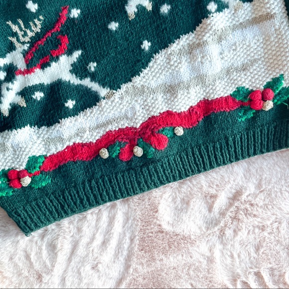 Knit Pull Over Ugly Christmas sweater Holiday Party, Reindeer Red, Green, White - Picture 3 of 13